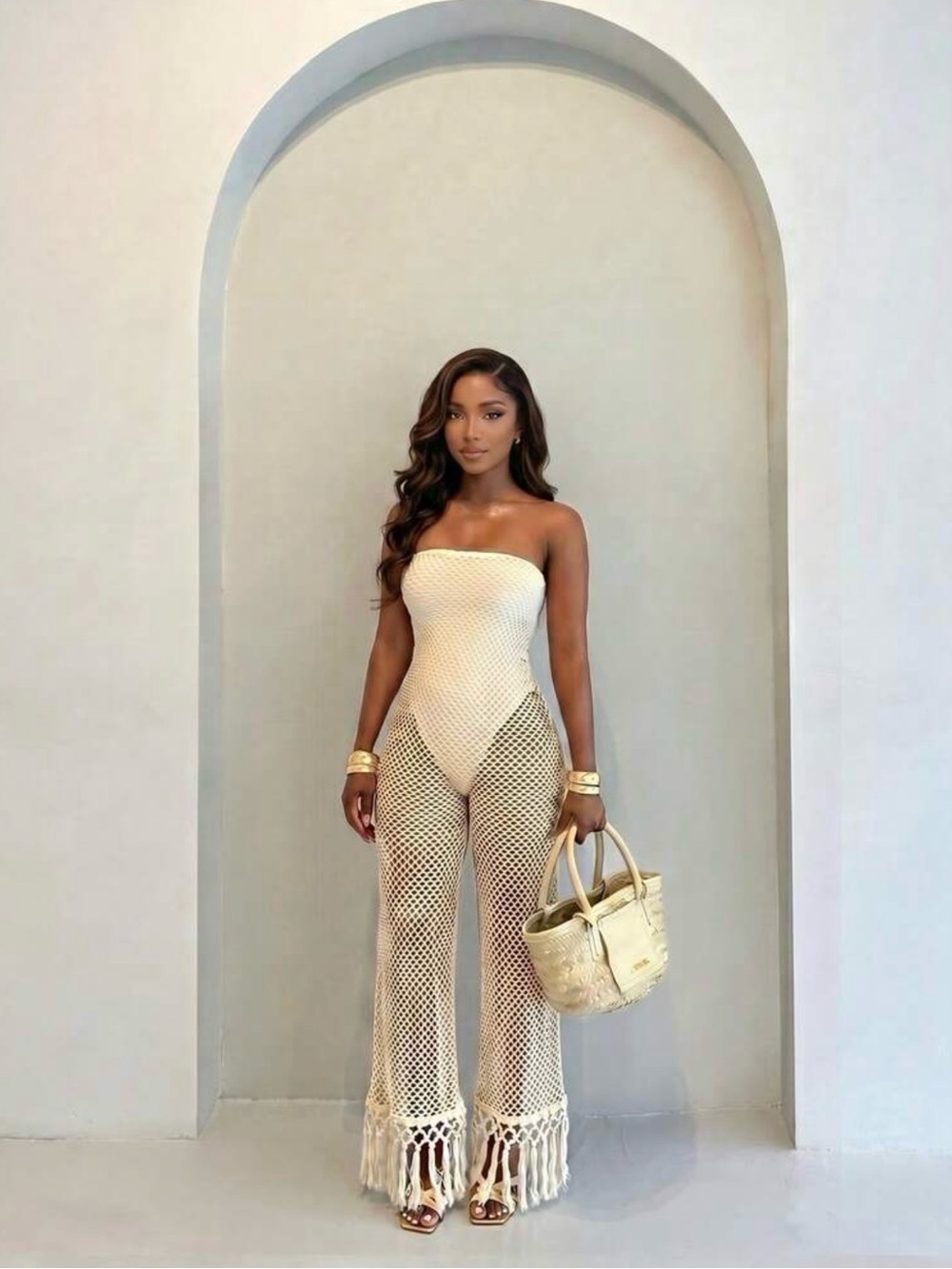 SHEIN Cream Strapless Crochet Wide-Leg Jumpsuit with Fringe